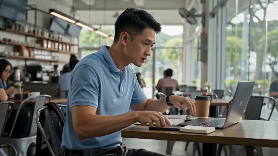 Daniel at a desk with a phone, a notebook and a laptop. Click to play a short clip.