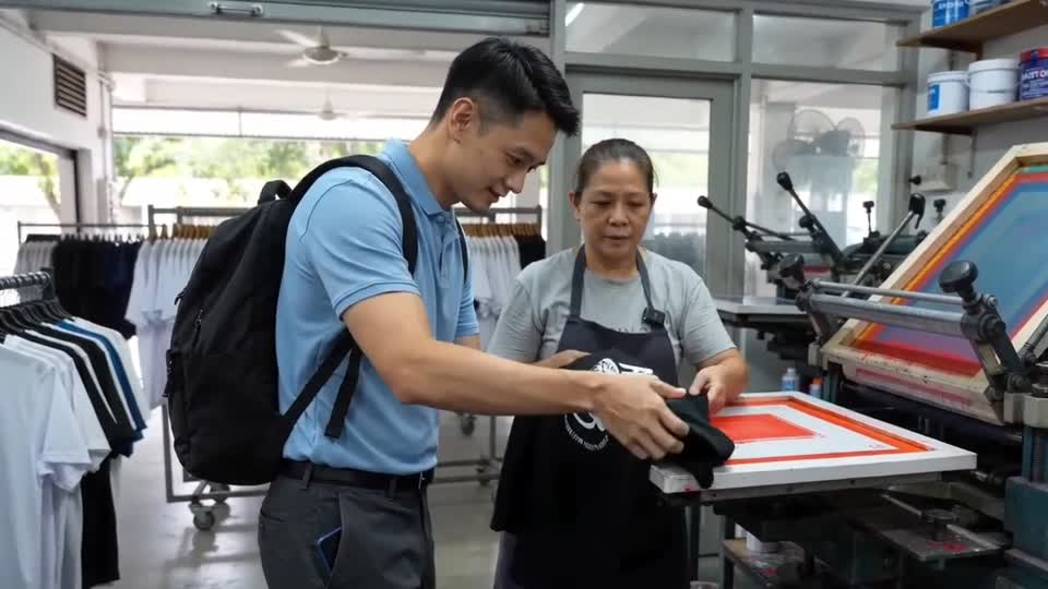 Daniel and the owner of a print shop look at a printed shirt. Click to play a short clip.