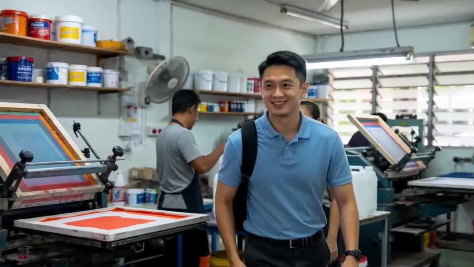 Daniel shakes hands with a customer in the print shop. Click to play a short clip.