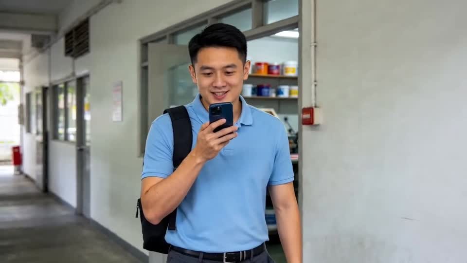 Daniel speaks a note into his phone while he walks from the shop. Click to play a short clip.