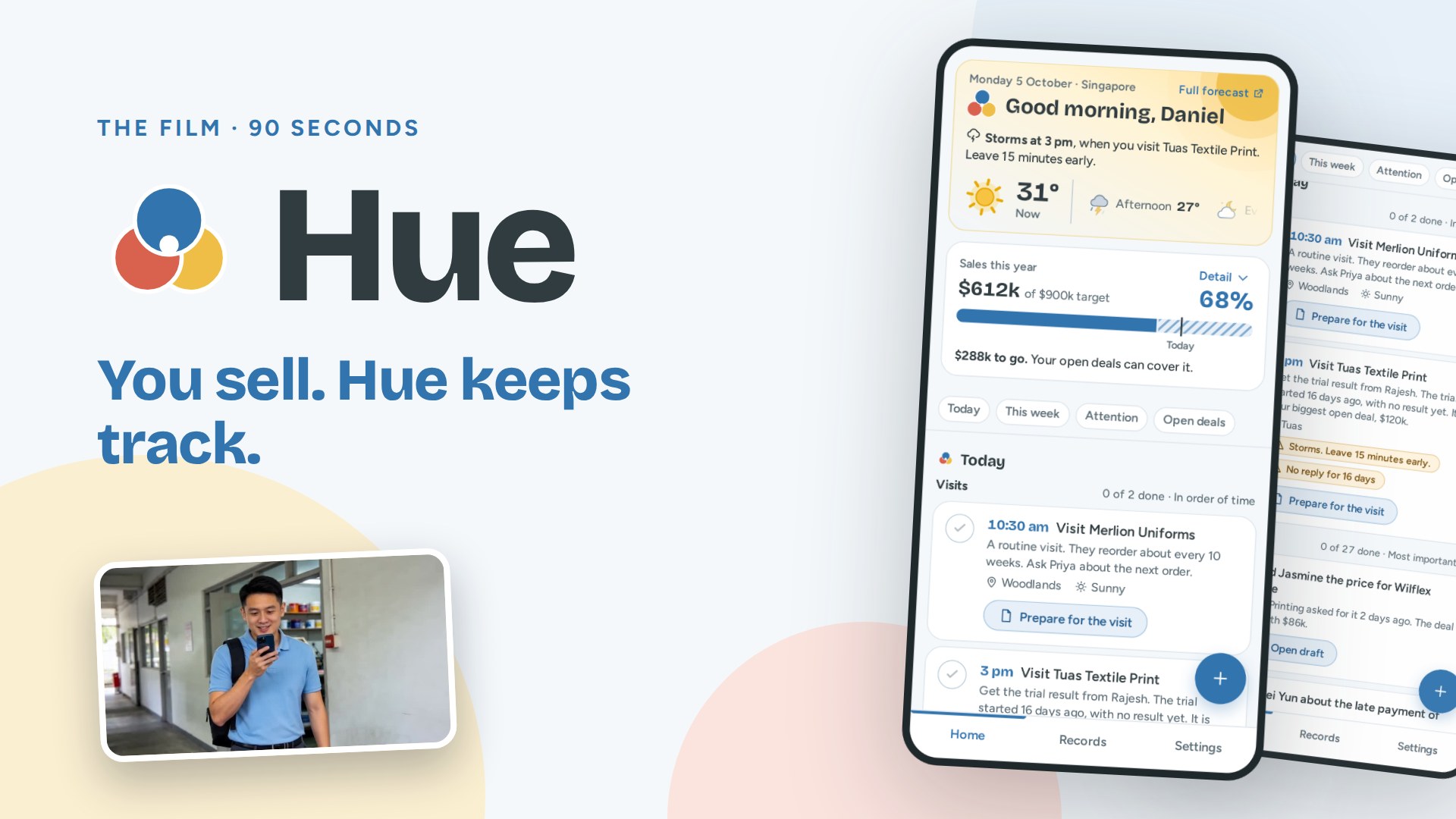 The film. The picture shows the name Hue, the words You sell. Hue keeps track, and a phone with the full Home screen.
