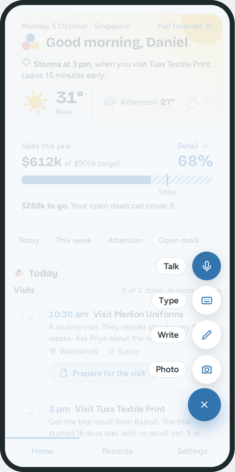 The round button on a phone, with the menu: Talk, Type, Write and Photo.