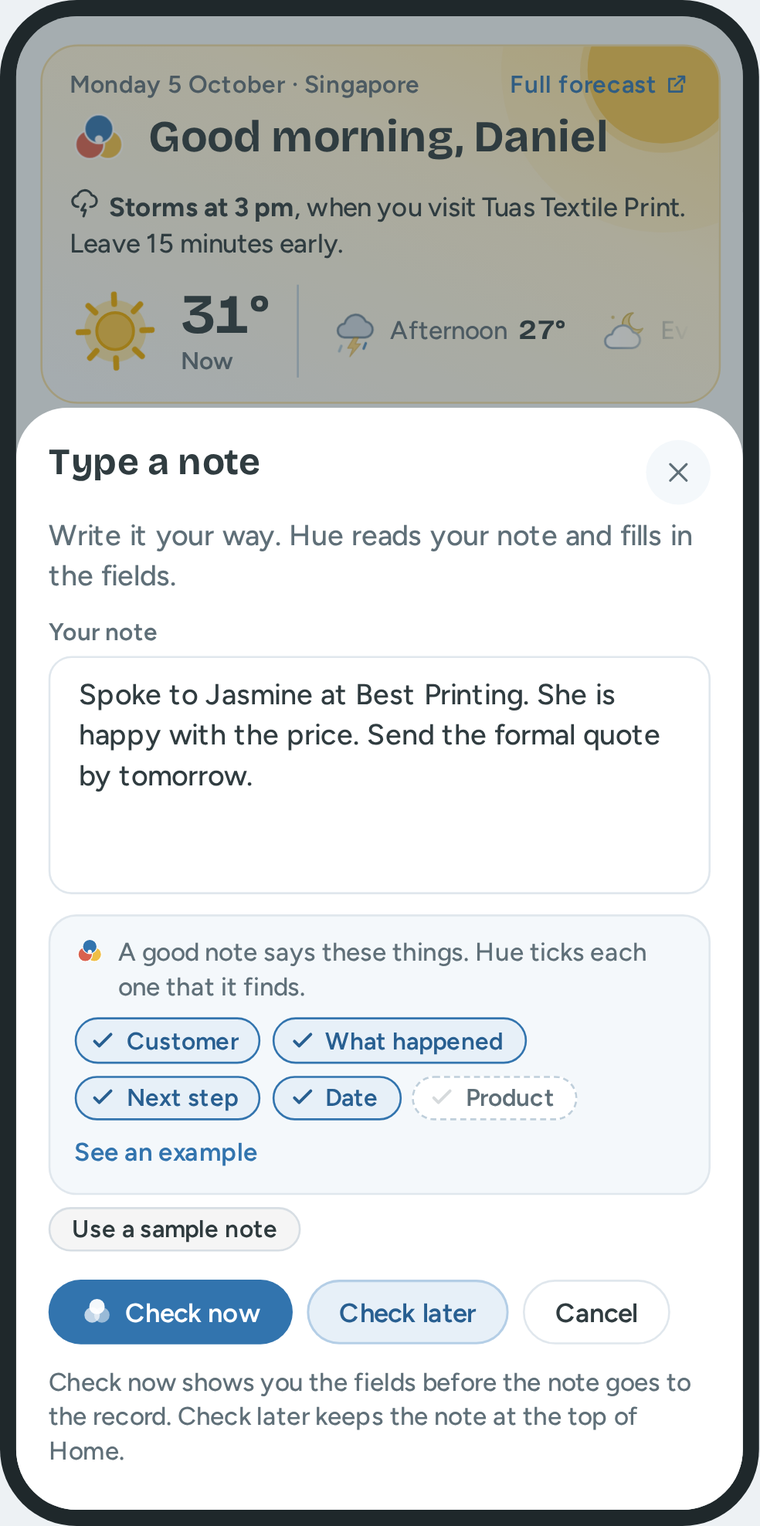 Type a note on a phone, with a customer field and a note field.