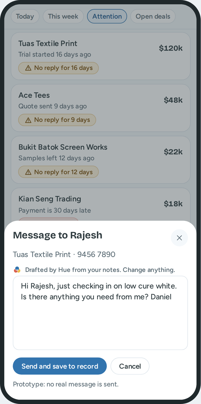 A message to the customer on a phone. Hue wrote it from the notes. Daniel can change it and send it.
