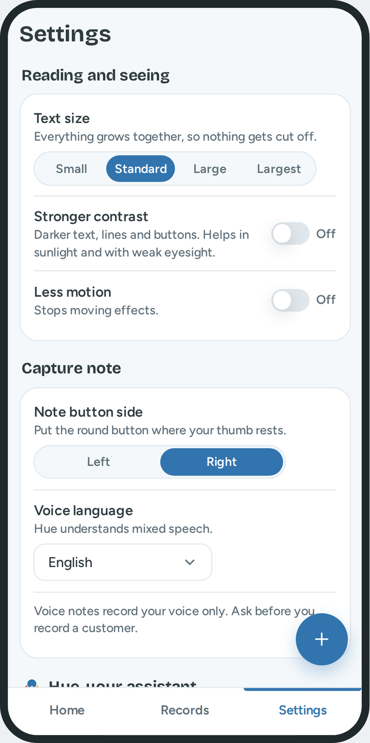 Settings on a phone: text size, stronger contrast, less motion, and the side of the round button.
