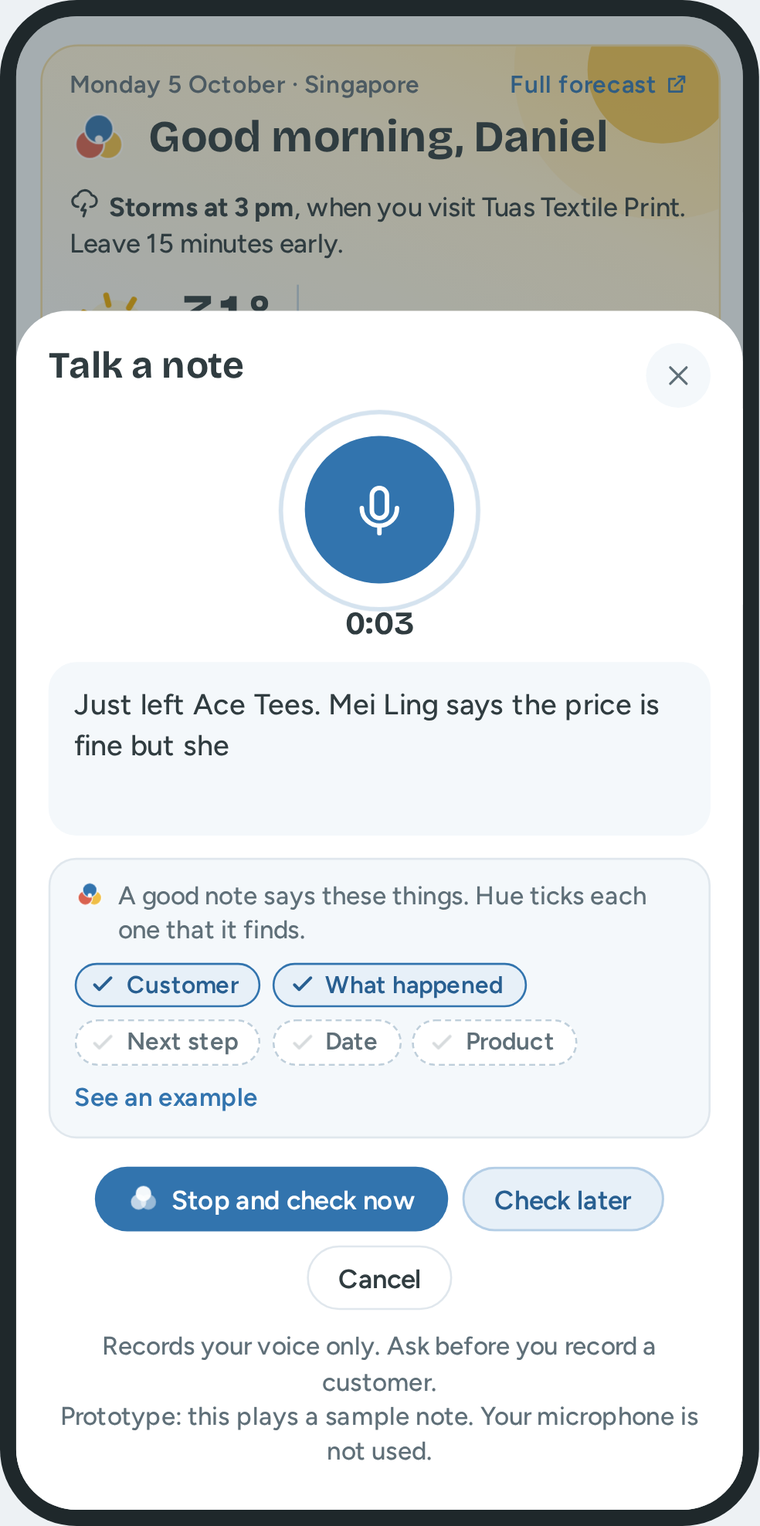 Talk a note on a phone: a timer, the words that he says, and ticks for the parts of a good note.