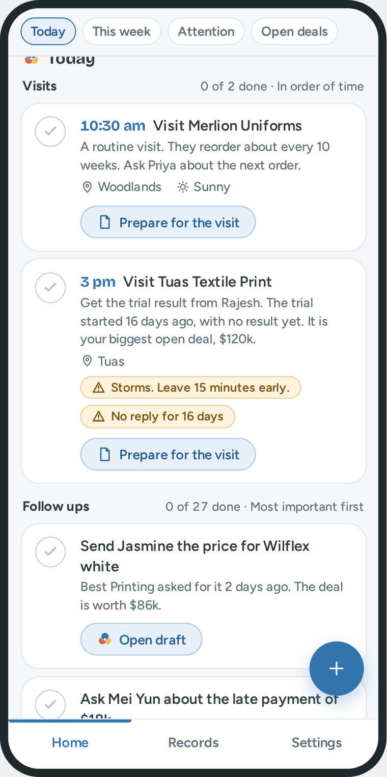 Today on a phone: two visits in order of time, a storm alert on the visit at 3 pm, then the follow ups.