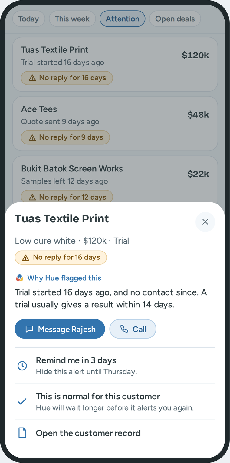 No reply for 16 days, on a phone: the trial started 16 days ago, a trial usually gives a result within 14 days. Buttons: message, remind me, this is normal.