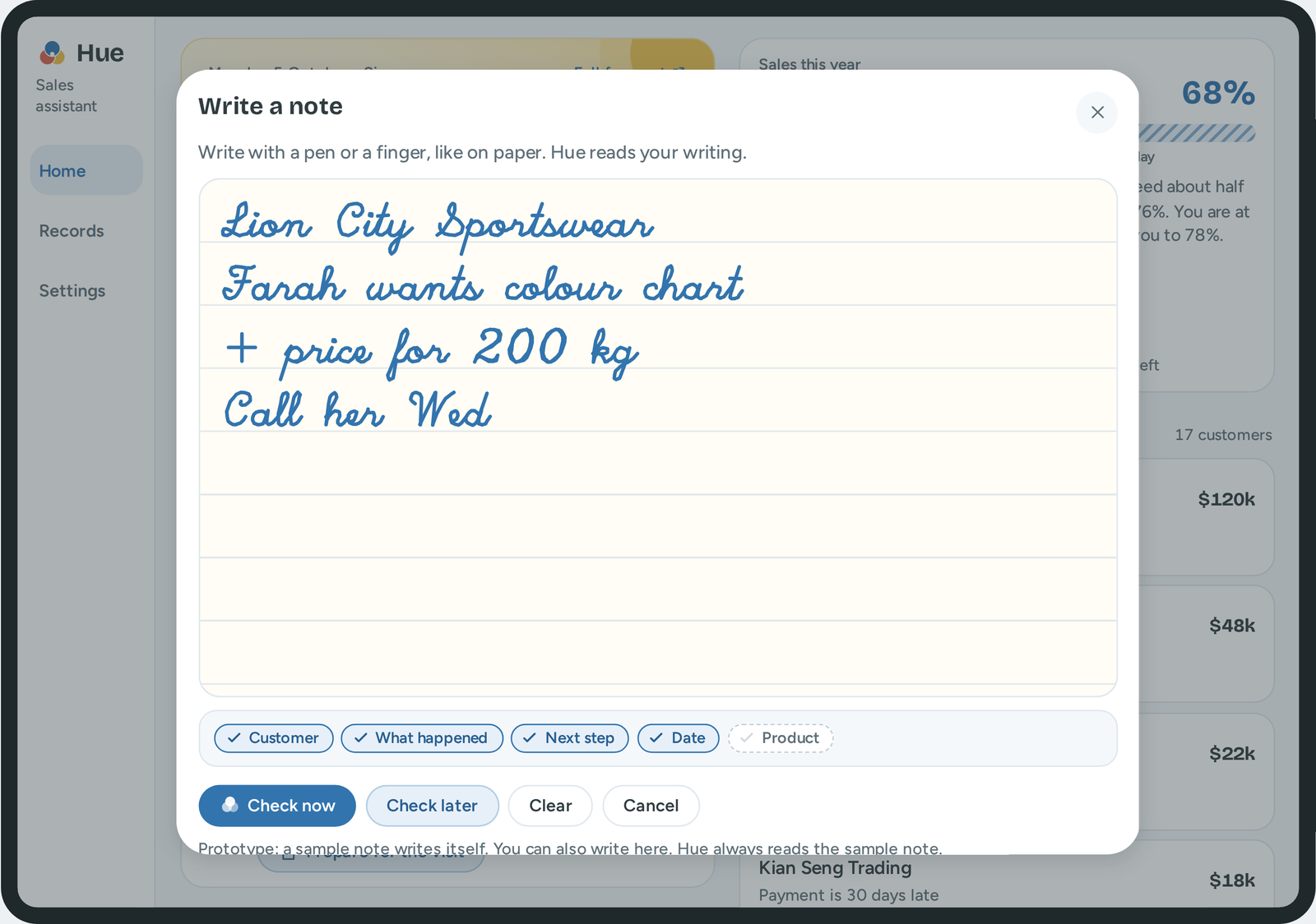 Write a note on a tablet: a large page with a note in handwriting.