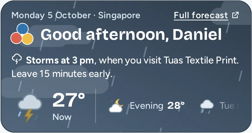 The top of Home in the afternoon: a grey panel with rain and 27 degrees.