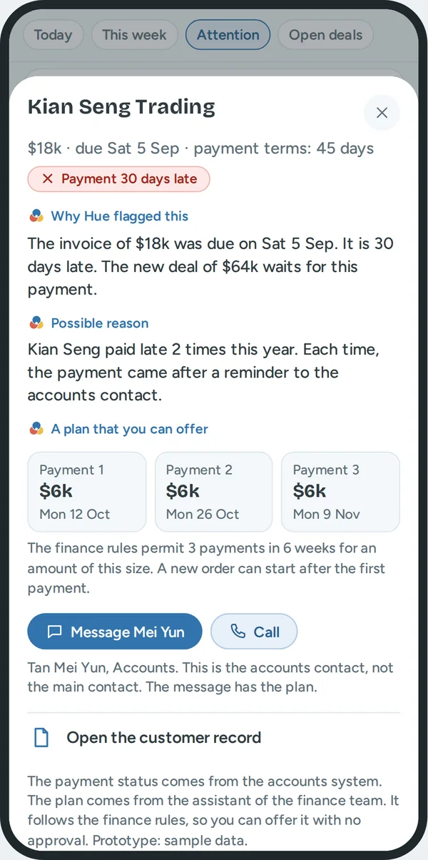 A sheet for Kian Seng Trading: Payment 30 days late. Why Hue flagged this, a possible reason, and a plan of three payments that Daniel can offer.