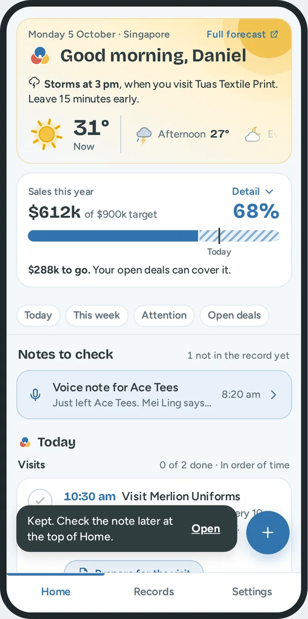 The top of Home after Check later: a block Notes to check, with one row, Voice note for Ace Tees, 8:20 am.