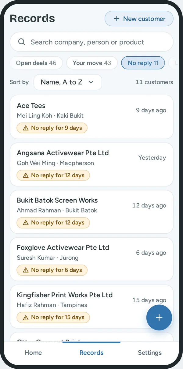 Records with the filter No reply: 11 customers, each with the label No reply and the number of days.