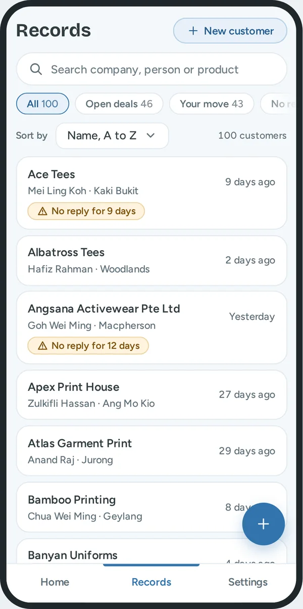 Records on a phone: a search field, the filters All, Open deals, Your move, No reply, and a list of customers.