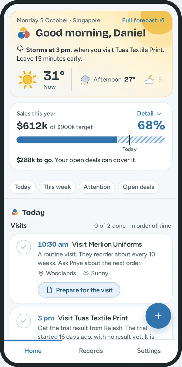 Home on a phone: the weather for the visits, the sales bar and the start of Today.