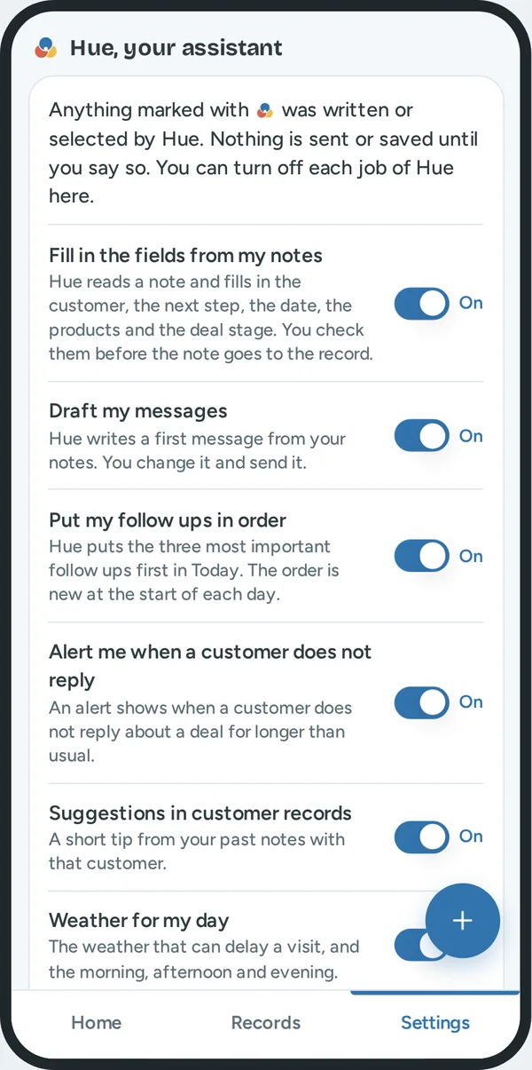 Settings on a phone: Hue, your assistant, with one switch for each job of Hue.