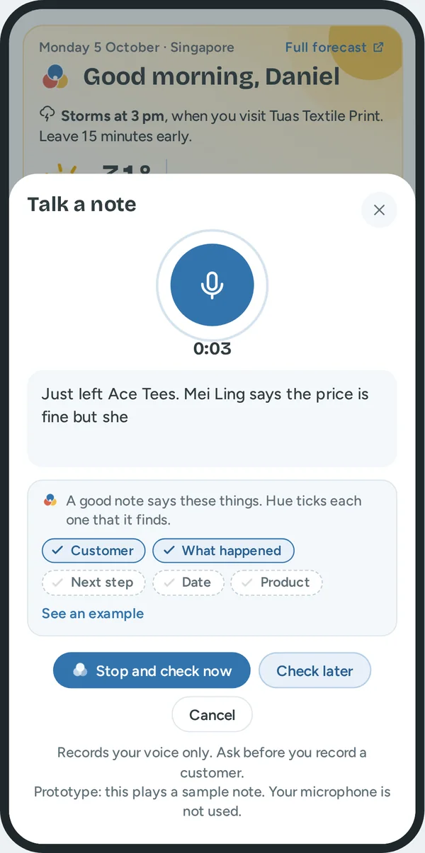 Talk a note: a timer, the words that he says, and ticks for Customer and What happened.