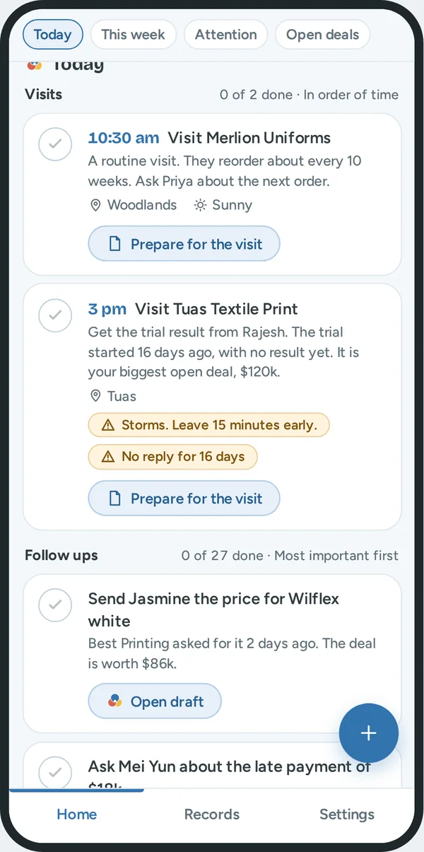 Today on a phone: two visits in order of time. The visit at 3 pm has two labels: Storms, leave 15 minutes early, and No reply for 16 days. Below the visits, the follow ups start.