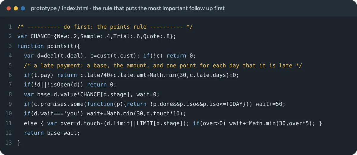 A card with code from the prototype: the function that gives points to each follow up.