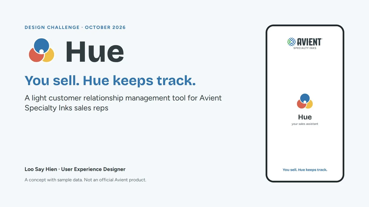 The first slide: Hue. You sell. Hue keeps track. A light customer relationship management tool for Avient Specialty Inks sales reps.