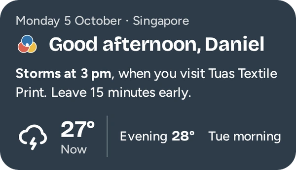 The weather panel in a storm, in dark grey: Good afternoon, Daniel. The same sentence about the visit.