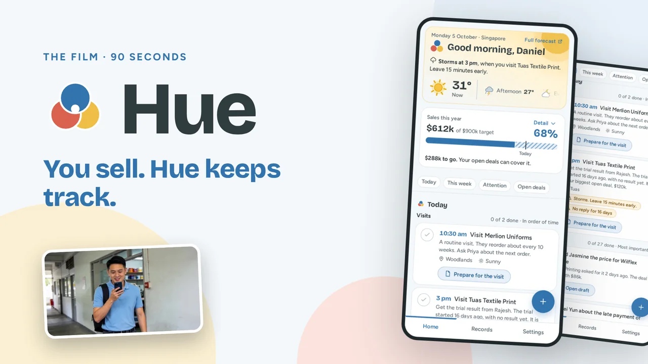 The first picture of the film: the name Hue, the words You sell. Hue keeps track, a clip of Daniel, and a phone with the full Home screen.