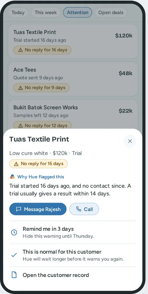 A phone with a sheet for Tuas Textile Print: No reply for 16 days, why Hue flagged this, and four ways to act.