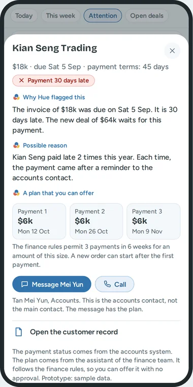 A phone with a late payment of Kian Seng Trading: the reason, and a plan with three payments.