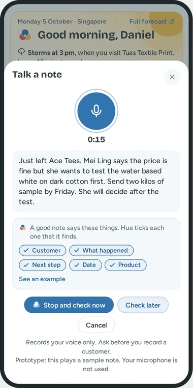Talk a note on a phone: the words that he says, and five ticks for the parts of a good note.