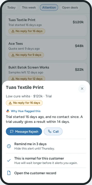 A phone with a warning for Tuas Textile Print: no reply for 16 days, with the reason.